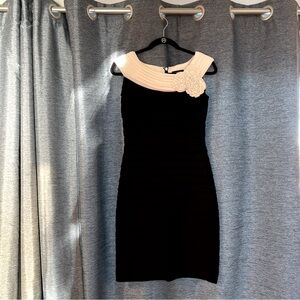 Adrianna Papell Elegant Sz. 8P Black Knee Length Sheath  Dress W/ White Necline.